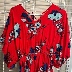 Red Floral Drawstring Open Back Romper
